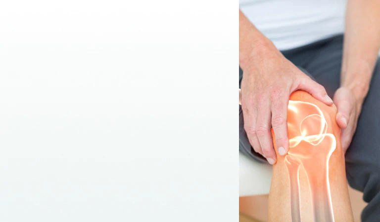A person holding their knee with a glowing joint illustration, symbolizing the need for supplements for bone and joint health.