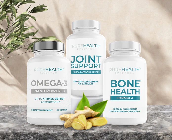 Three PureHealth Research supplement bottles, promoting the best supplements for bone and joint health.