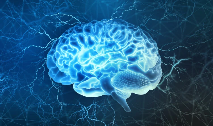 A glowing blue digital brain with electric impulses, symbolizing cognitive function and the need for supplements for brain and mental health.