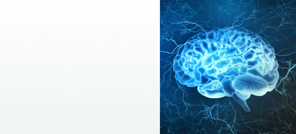 A glowing blue digital brain with electric impulses, symbolizing cognitive function and the need for supplements for brain and mental health.