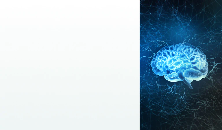 A glowing blue digital brain with electric impulses, symbolizing cognitive function and the need for supplements for brain and mental health.