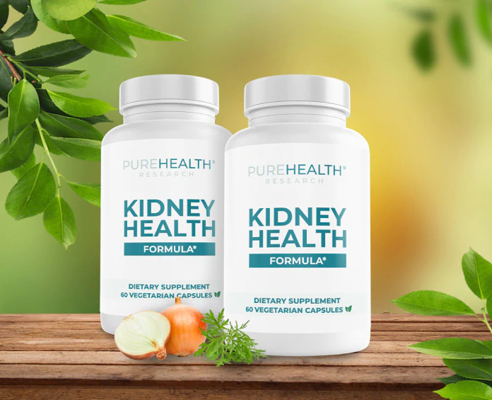 Two bottles of PureHealth Research Kidney Health Formula on a wooden surface, promoting the best supplements for kidney health.