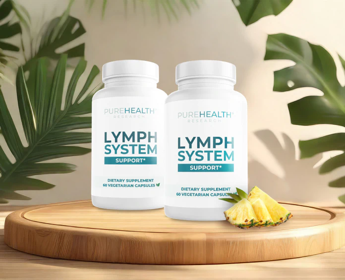 Two bottles of PureHealth Research Lymph System Support on a wooden surface with pineapple, representing the best supplements for lymph system health.