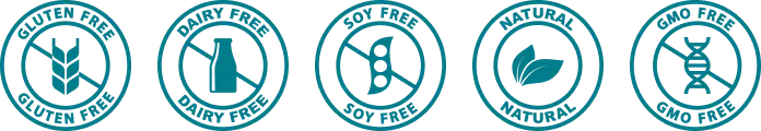Gluten free, dairy free, soy free, natural, GMO free