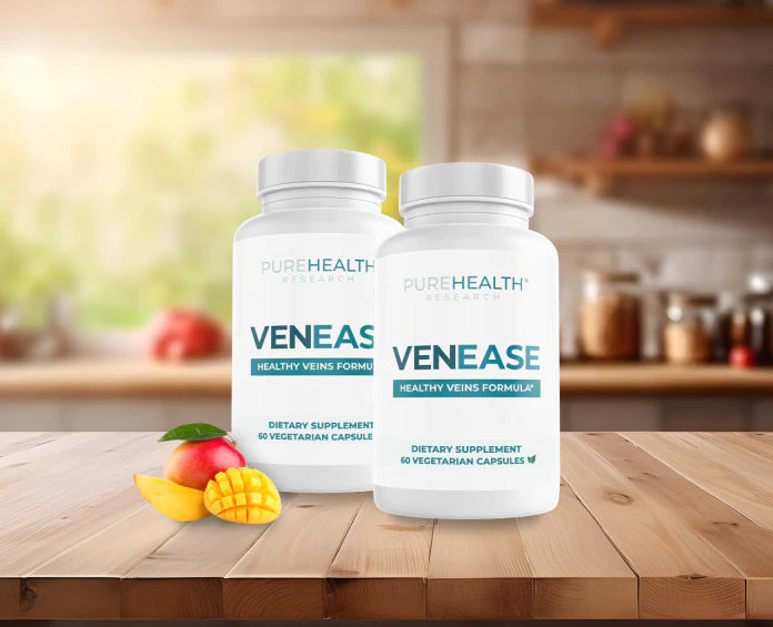 Two bottles of PureHealth Research Venease supplements on a wooden surface with fresh mango, representing the best supplements for vein health.
